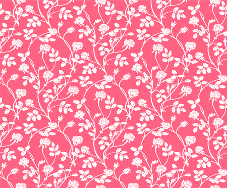 Vector illustrator of pink and white flower seamless pattern. Beautiful white roses and leaves on soft pink background.のイラスト素材