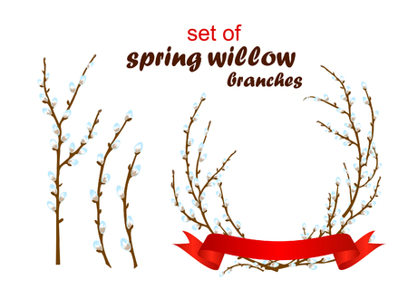 Vector illustration of spring willow branches on white background. Spring willow wreath with red ribbon. Can be used for Easter decoration and for creating brushes.のイラスト素材