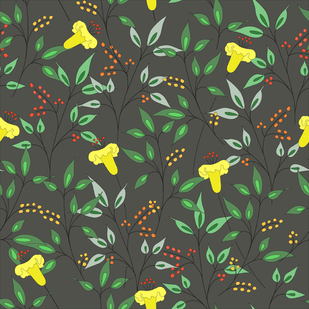 Vector illustration of abstract flowers pattern. Yellow flowers and green leaves on green background.のイラスト素材