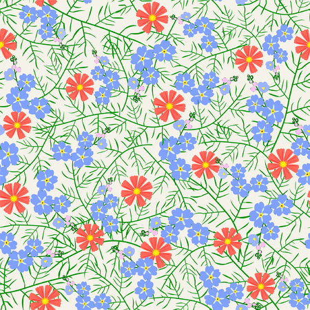 Vector illustration of seamless flower pattern. Blue and red flowers and green thin leaves on light pastel background.のイラスト素材