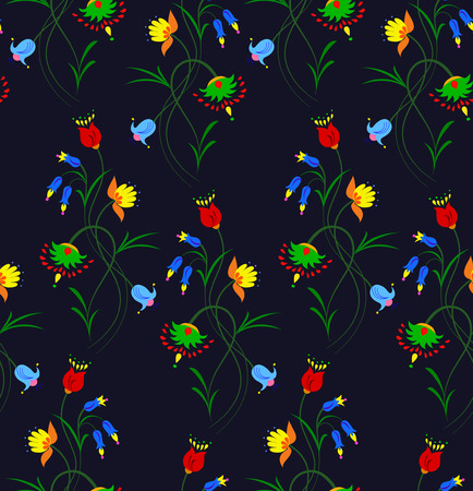 Vector illustration of seamless fantasy flower pattern. Colorful flowers on black background.のイラスト素材