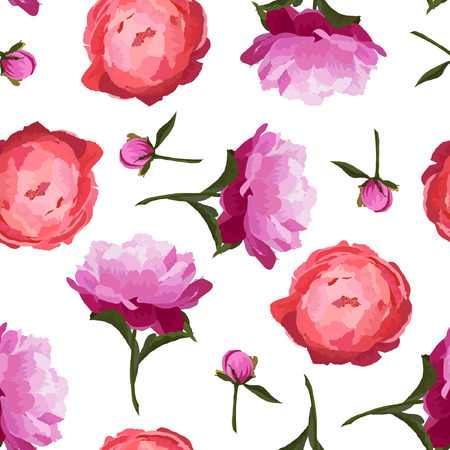 Vector illustration of colorful peonies flowers seamless pattern. Red and violet peonies buttons with green leaves on white background.のイラスト素材
