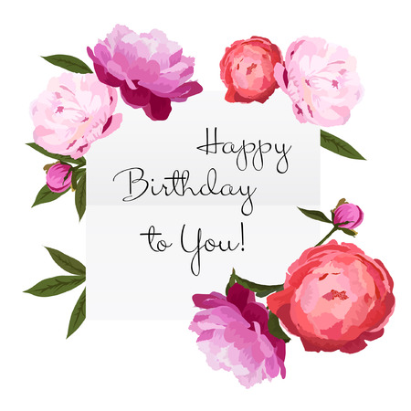 Vector illustration of Happy Birthday card with colorful peonies flowers. Red, pink and violet peonies buttons with green leaves on white background.のイラスト素材