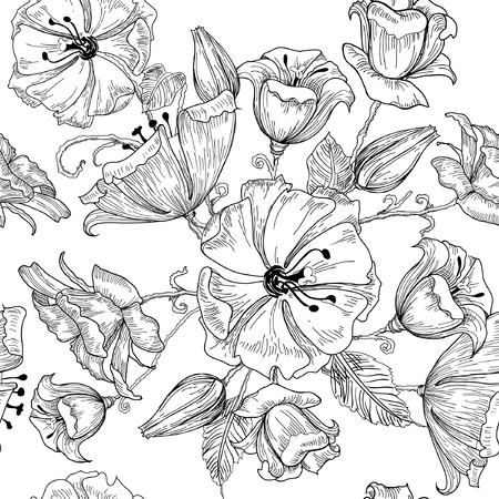 Vector illustration of beautiful flowers, leaves and curly stems sketch. Seamless pattern. Hand drawn.のイラスト素材