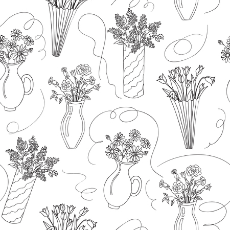 Vector illustrator of flower bouquets in vases seamless patern. Roses, chamomiles, tulips and lilac in vases on white background. Hand drawn.のイラスト素材