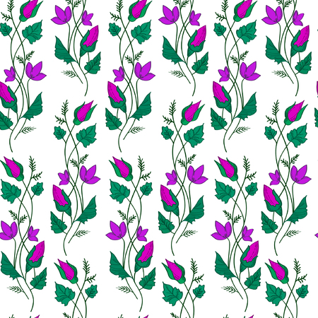Vector illustration of wavy violet flowers and green leaves on white background. Seamles pattern.のイラスト素材