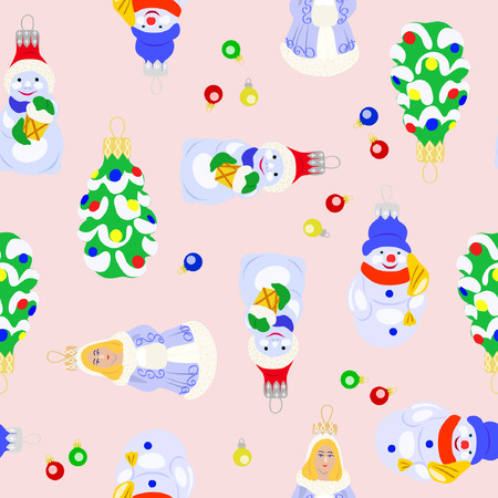 Vector illustration of christmas tree toys seamless pattern. Christmas tree, snowman and snow maiden on light background.のイラスト素材