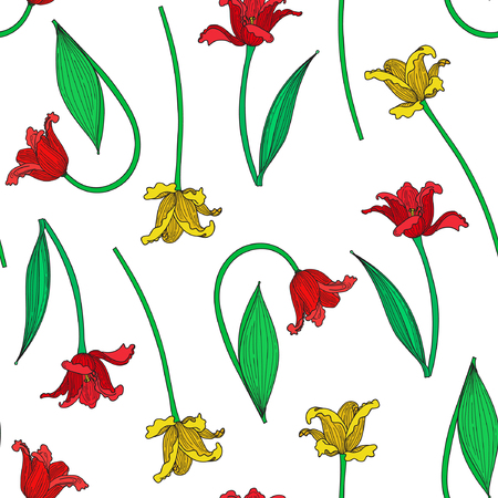 Vector illustration of colorful tulips seamless pattern. Red and yellow tulips on white background.のイラスト素材