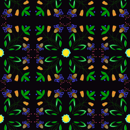 Vector illustration of abstract plants seamless pattern. Fantasy flowers branches ornament on black background. Hand drawn.のイラスト素材