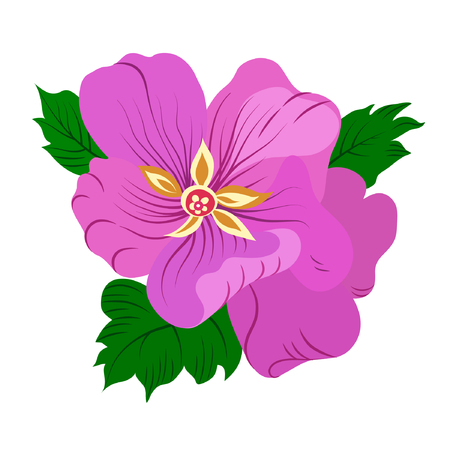 Vector illustration of violet flower with green leaves. Hand drawn.のイラスト素材
