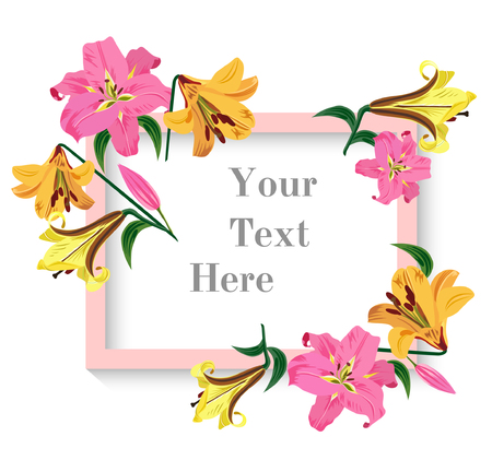 A Vector illustration of greeting card with colorful lilies flowers. Pink, yellow and orange lily buttons with green leaves on white background. Hand drawn.のイラスト素材