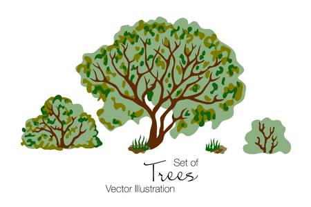 A Vector illustration of tree, bush and grass on white background.のイラスト素材