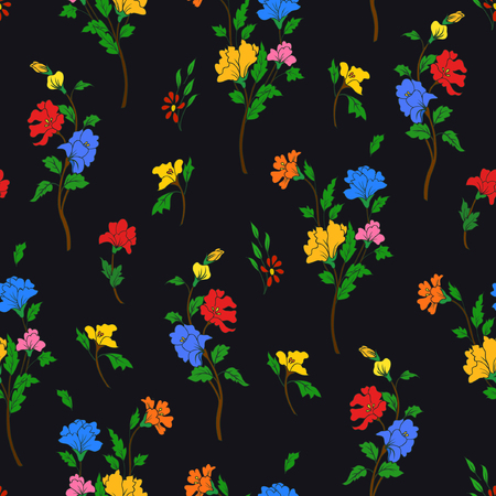 A Vector illustration of hand drawn flowers on a branches. Imaginary beautiful flowers and leaves Seamless pattern on black background.のイラスト素材