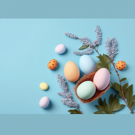 Easter colored eggs on light blue background oil painted technique  ai generated realistic realismの素材