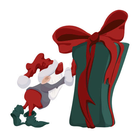 Cute christmas helper with a big gift box with red ribbon vector illustrationのイラスト素材