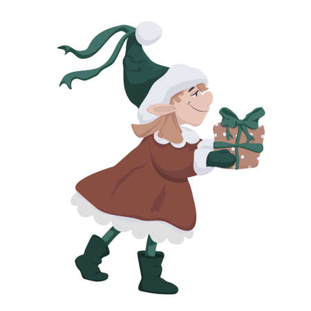 Cute girl elf holding a gift. Cartoon style vector illustrationのイラスト素材