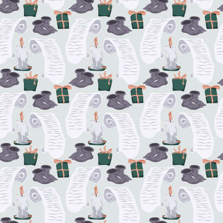 Vector seamless pattern with scroll, candle, gifts and socks on blue backgroundのイラスト素材