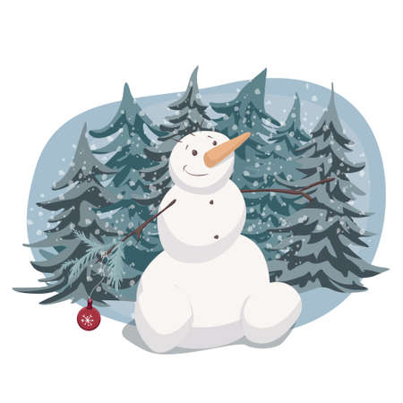 A snowman in a winter forest cartoon style drawing vector illustrationのイラスト素材