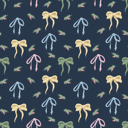 Winter holidays theme seamless vector pattern with ribbon and holly leavesのイラスト素材