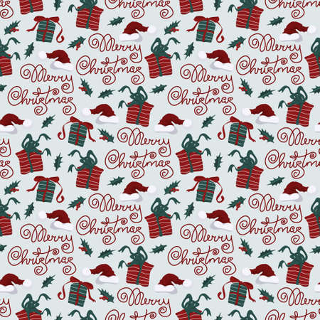 Cute seamless christmas pattern with santas's hat, giftboxes and lettering merry christmas vectorのイラスト素材