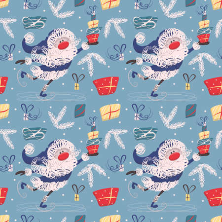 Vector seamless pattern with santa ice skating, gifts, fir branches and dotsのイラスト素材