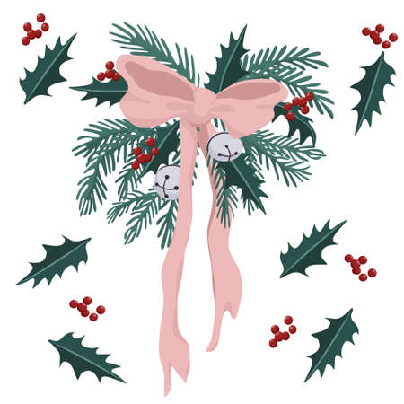 Christmas wreath with holly and bells and ribbon vector elementsのイラスト素材