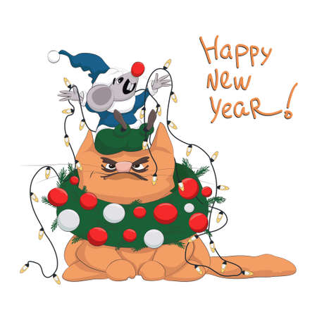 Funny illustration with angry cat and happy mice with garlandのイラスト素材