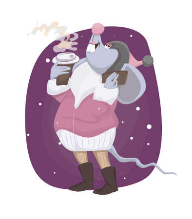 Cute mice with coffee in winter clothes talking on the phone funny vector illustrationのイラスト素材