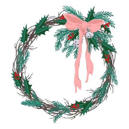 Cute vector illustration with christmas wreath with ribbon holly leaves and fir branchesのイラスト素材