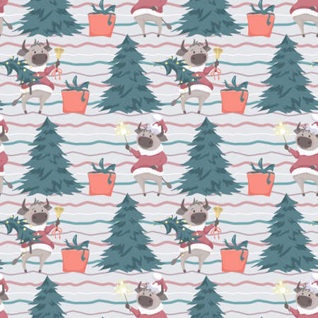 Cute seamless pattern with coloful stripes, christmas tree, gifts and cartoon bullsのイラスト素材