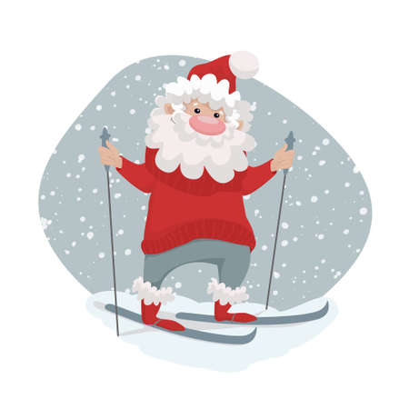 Cute vector illustration with santa goes skiing on gray background with snowfallのイラスト素材