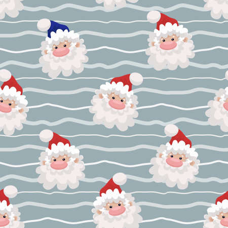 Funny vector seamless pattern with santa head in red and blue hat on gray background with white and light gray stripesのイラスト素材