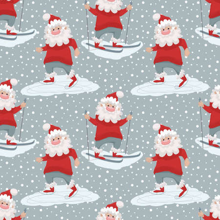 Vector seamless pattern with santa ice skating and skiing on gray background with white dotsのイラスト素材