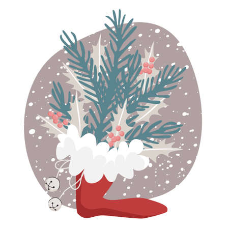 Santa's shoe with fir tree branches, holly leaves and bells on beige background with snow fall. Vector illustrationのイラスト素材