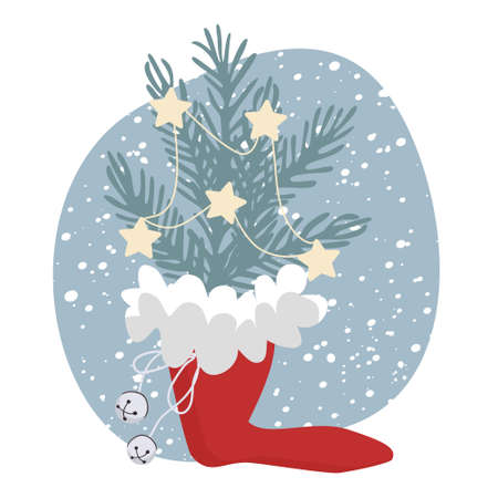 Santa's shoe with fir tree branches, stars and bells on blue background with snow fall. Vector illustrationのイラスト素材