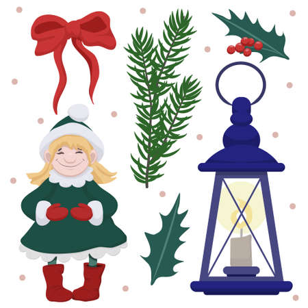 Vector set of christmas clip arts with a little girl, old fashioned lantern with a candle, fir tree branch, holly and red ribbonのイラスト素材