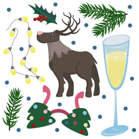 Vector set with christmas clip arts with garland, funny glasses, fir branch, champagne glass, deer and holly leavesのイラスト素材