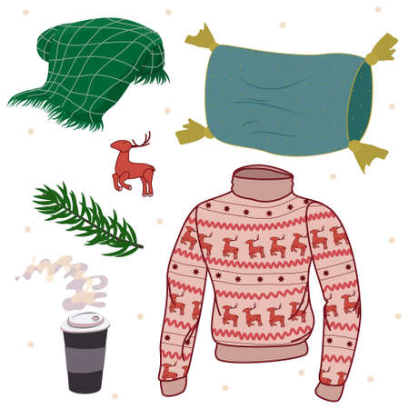 Vector set of cozy clip arts with men's sweater with deers, pillow with dots, red deer toy, fir tree branch, green plaid and coffee cupのイラスト素材