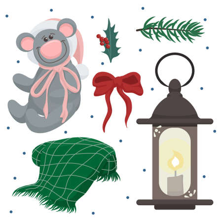 Vector set of cozy clip arts with cute teddy bear in santa hat, holly, plaid, red ribbon, old fashioned lantern, fir tree branchのイラスト素材