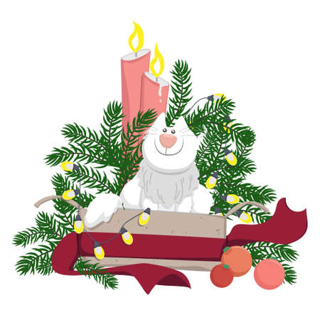 Cute christmas vector illustration with a white cat sitting in a gift box with fir tree branches, garlands, candles and ballsのイラスト素材