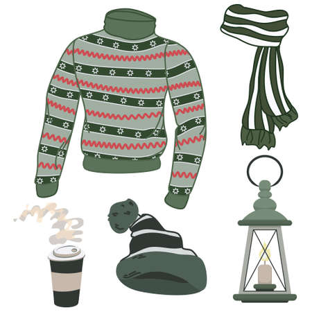 Cozy vector set of clip arts with men's green sweater, striped scarf, winter hat, old fashioned lantern, and coffee cupのイラスト素材