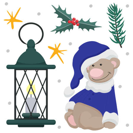 Cute vector set of christmas clip arts with teddy bear in santa clothing, holly, fir tree branches, stars, old fashioned lantern with candleのイラスト素材