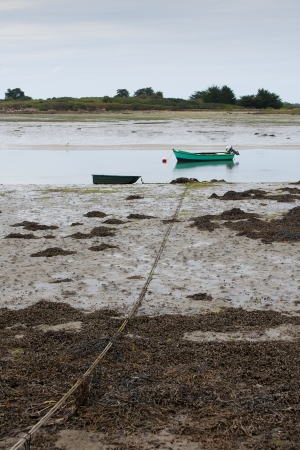 small fishing boat moored in the sandの写真素材