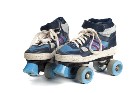 old blue roller blades isolated on white background