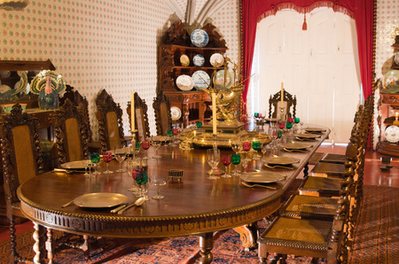 Antique dining furniture. Palacio da Pena, Sintra, Portugalのeditorial素材