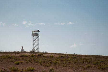 Wooden watchtower in the fieldsの写真素材