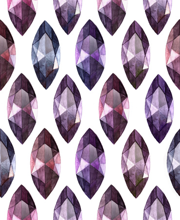 Amethyst marquise cut gemstones on white background.  Watercolor seamless  pattern ofの写真素材