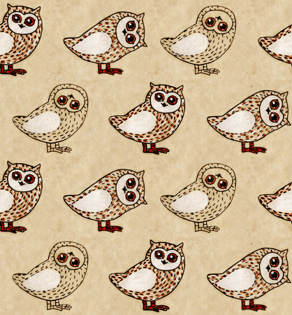 Owls with crayons on craft paper. Hand-painted seamless patternの写真素材