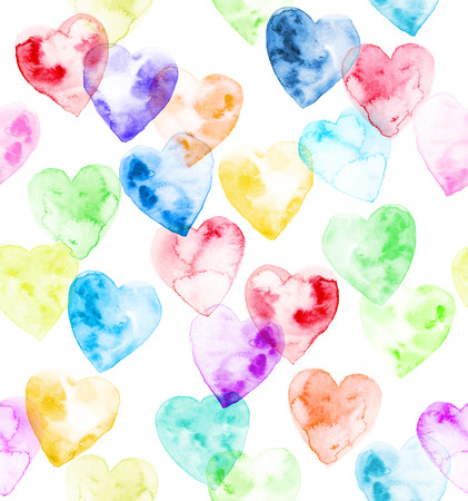 Watercolor hearts of rainbow colors on a white background in random order. Hand-painted seamless patternの写真素材