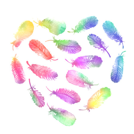 Rainbow heart from feathers on white background. Watercolor illustration.の写真素材